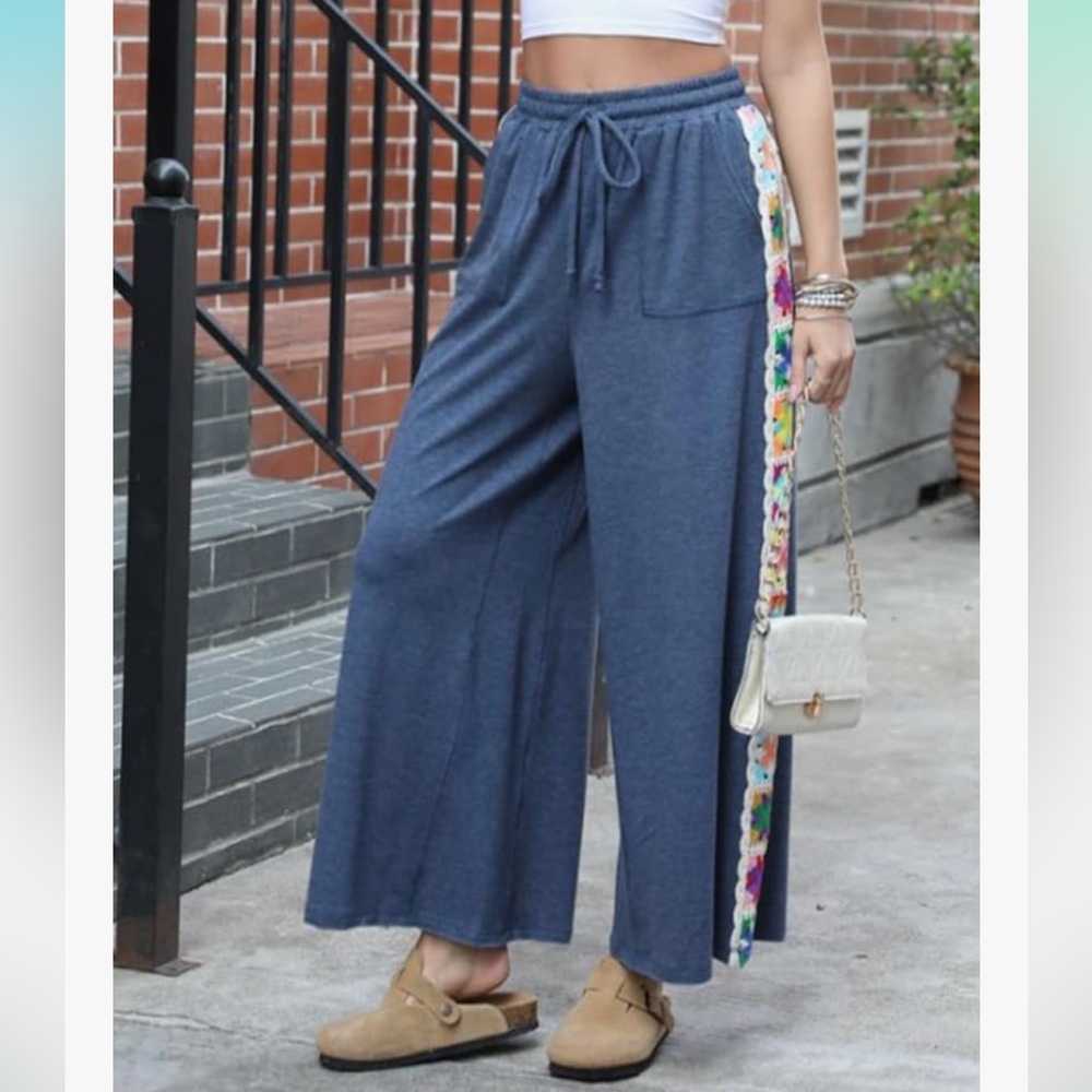 Navy Sweatpants with Colorful Crochet Detail